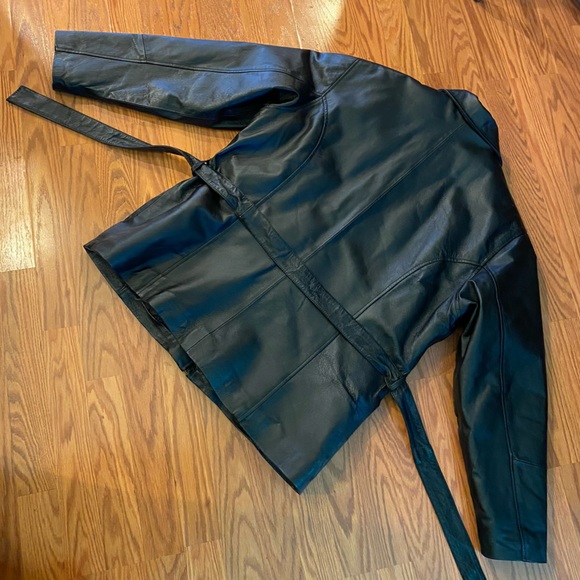 Vintage Y2K Leather Jacket Bomber Jacket Tie Waist Black Soft Leather Coat - Picture 9 of 14